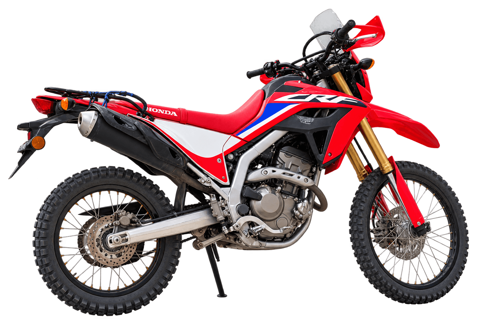 Красный мотоцикл Honda CRF300L целиком, вид сбоку