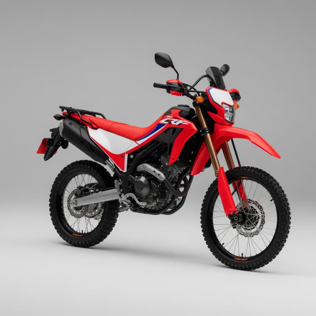 Red Honda CRF300L adventure motorcycle, right side view